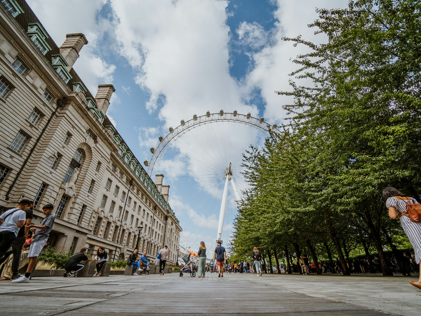 Städtereise London, Ausflug London Eye, Riesenrad, Panorama, Aussicht von der Straße auf das London Eye, mit Gebäuden links und Parks rechts