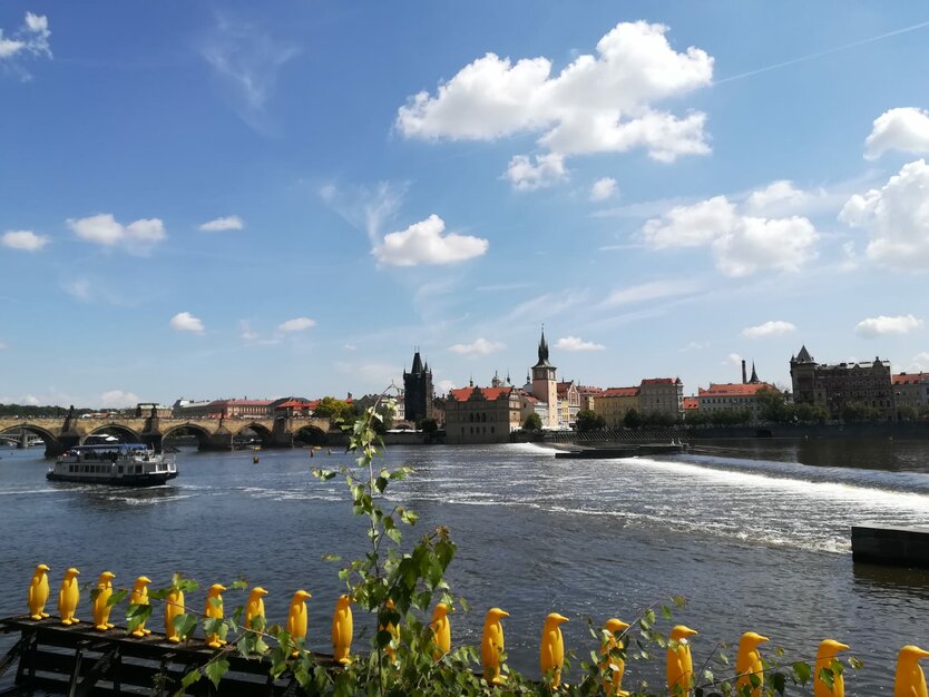 Städtereise Prag, Tschechien, Bootstour, Blick über die Moldau auf das gegenüberliegende Ufer, Gebäude, blauer Himmel, Brücke, Boote